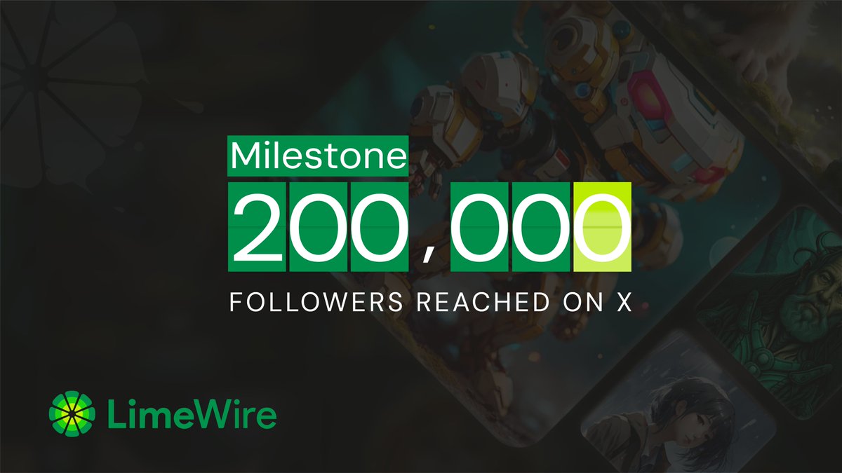 limewire's tweet photo. 🎉 200k followers on X 🌟

We have reached another milestone - 200k followers on X 🌟

We’re grateful for all of your support and our amazing community, let’s keep building the future of AI content creation together 🛠️