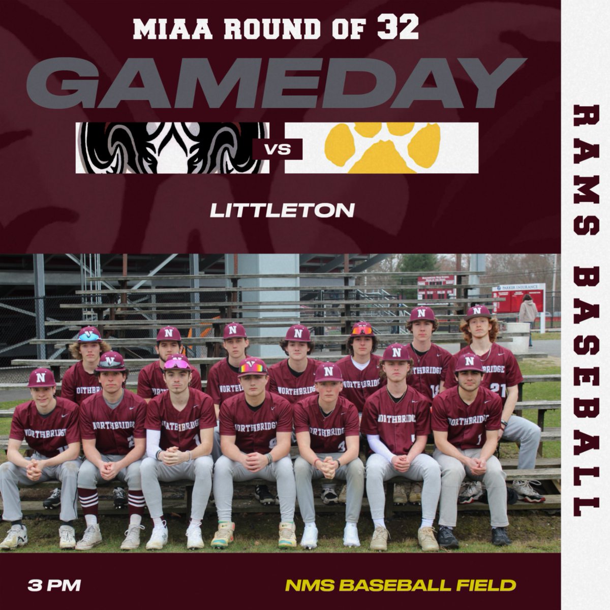 The boys are hosting the MIAA Division 4 Round of 16 game vs. Littleton today!  First pitch is at 3 pm at Northbridge Middle School!!