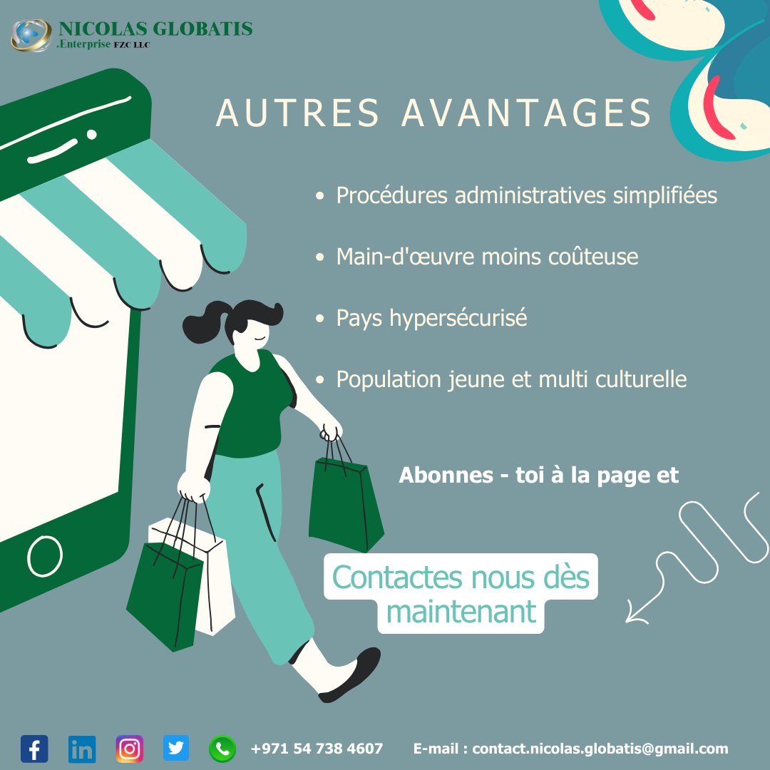 nico_globatis's tweet photo. 04 raisons d'ouvrir sa société aux Emirats

3- Une plateforme logistique performante
4- Un cadre réglementaire transparent

Contactez nous Whatsapp/Appel +971 56 738 4607 ou par mail: contact.nicolas.globatis@gmail.com https://t.co/kTr1nPrZ4r