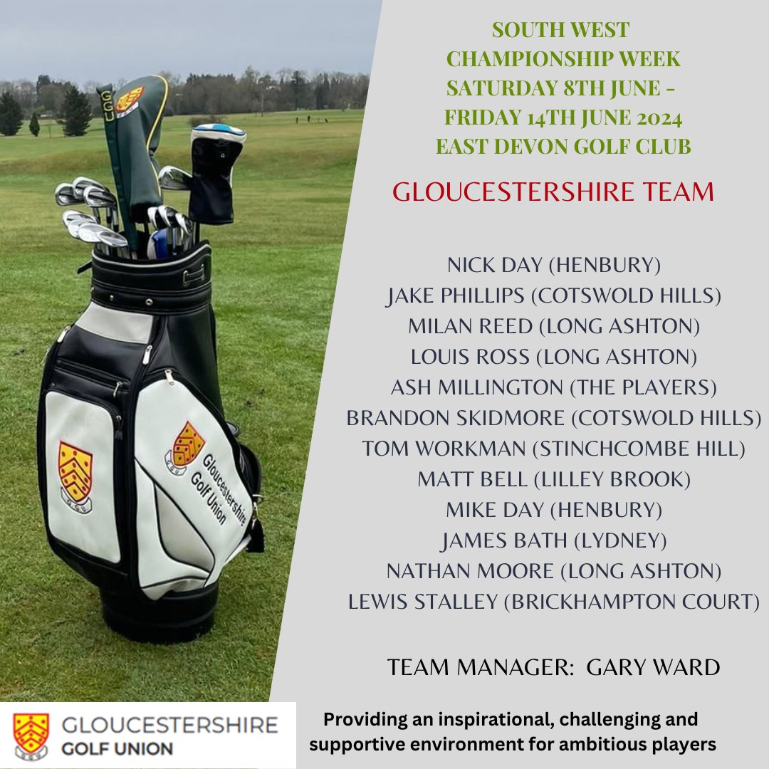 Glosgolf's tweet photo. Gloucestershire Team head to East Devon GC at the weekend for the South Western Counties Championship Week. For program click: https://t.co/GdjTUwM5NF We wish Captain Gary Ward and his team all the very best. #Gloucestershire #SWWeek #SWGolf #teamgolf #flashes #greenarmy https://t.co/L3kTMmPpkS