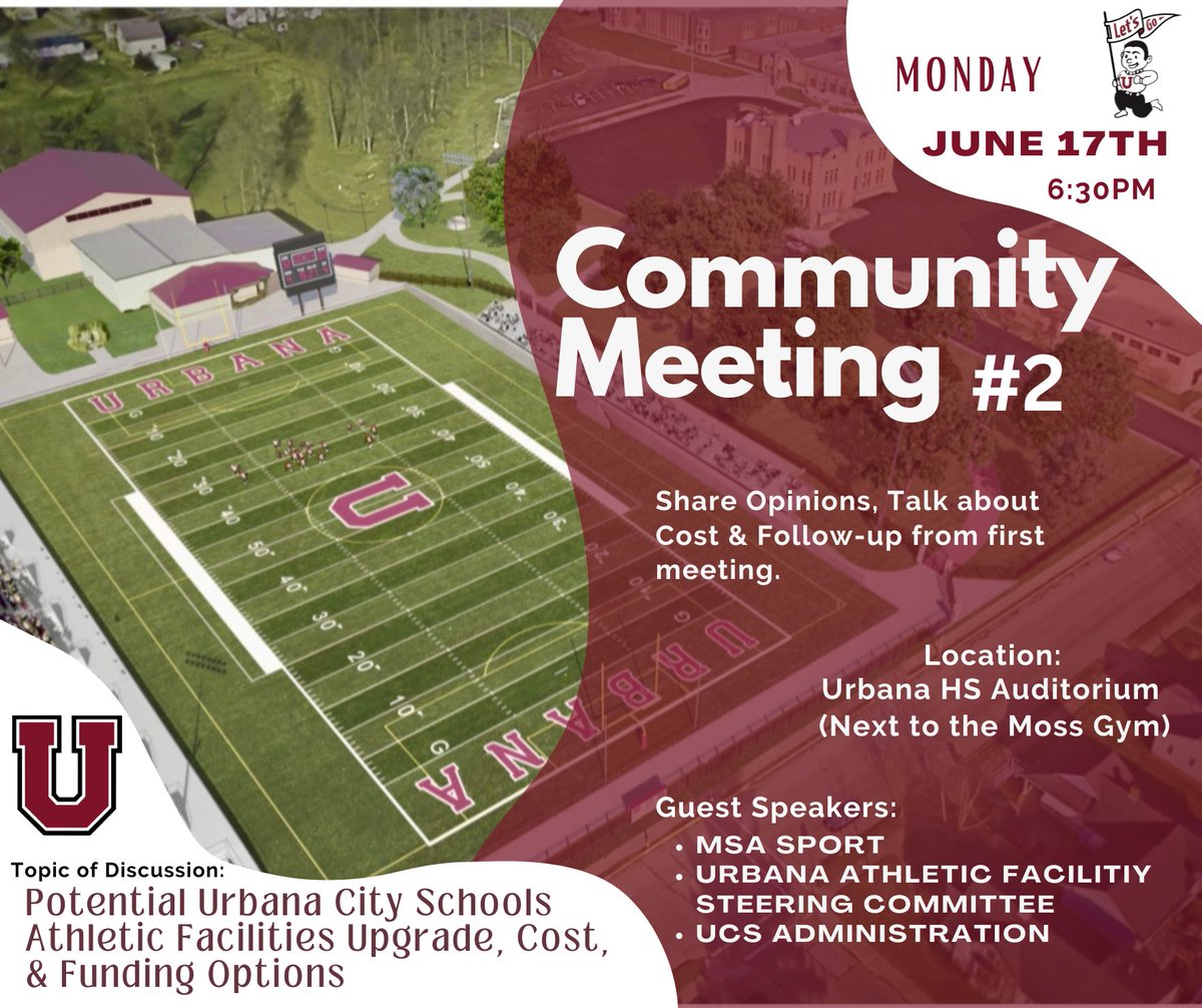 Urbana City Schools (@urbanaohschools) on Twitter photo The Community Meeting #2 is tomorrow at 6:30pm. The potential athletic facilities upgrades for the <a href="/UrbanaOHSchools/">Urbana City Schools</a> District will be reviewed.
This event will be live-streamed on the <a href="/UrbanaOHSchools/">Urbana City Schools</a> YouTube channel. The Community Meeting #2 is tomorrow at 6:30pm. The potential athletic facilities upgrades for the <a href="/UrbanaOHSchools/">Urbana City Schools</a> District will be reviewed.
This event will be live-streamed on the <a href="/UrbanaOHSchools/">Urbana City Schools</a> YouTube channel.