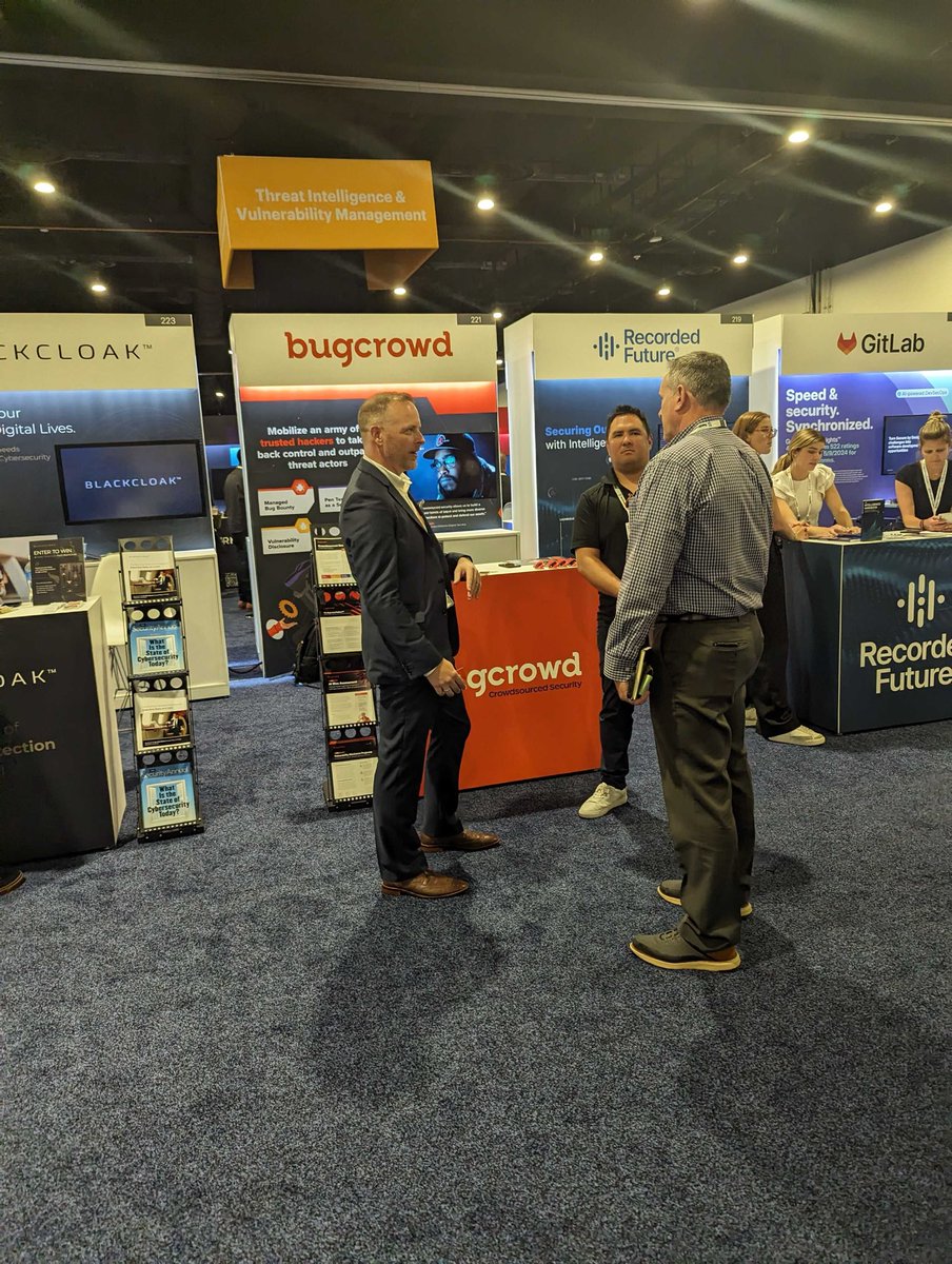 Bugcrowd's tweet image. Conversations are happening! 💬

Stop by Booth 221 on the final day of the Gartner Summit to see these smiling faces. 🤪

#Bugcrowd #IngenuityUnleashed #Gartner