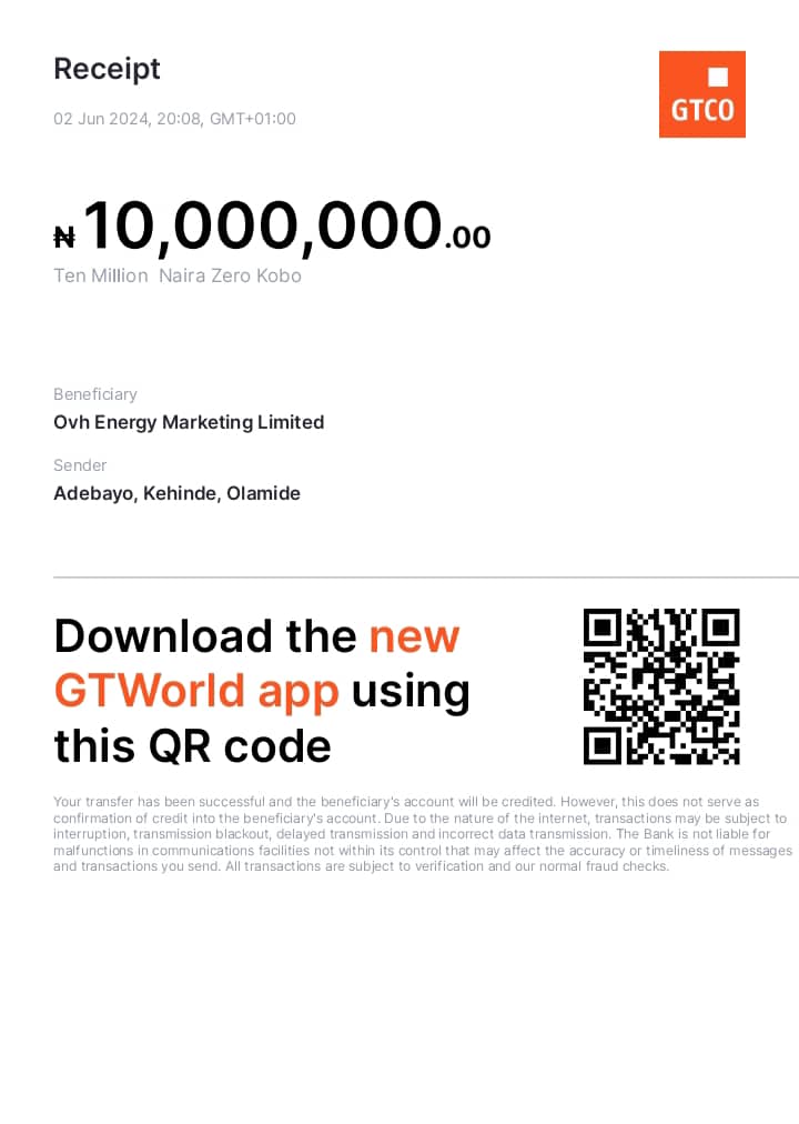 kenbestbrain's tweet photo. @gtbank_help 
Account name: Adebayo Kehinde Olamide
Account Number: 0152773877
Amount: 10,000,000
Transaction Date: 02/06/2024
Beneficiary Account name: OVH Energy Marketing Ltd
Beneficiary Account Number: 0004542068
Bank: GTBank
@gtbank https://t.co/eptZWcowPO