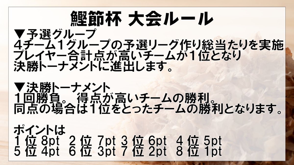 kimi1211's tweet photo. 【TFT大会】TFT鰹節杯4vs4トーナメント
４人のチーム戦で戦うトーナメント応募者募集！

▼日時
6月29日（土）18:00~23:00
▼募集
32チーム（最大64）
▼募集期限
6月26日（水）24時
▼応募フォーム
https://t.co/WddGr00eAb

▼ディスコード
https://t.co/f5eRAeOrZw
※サーバーに入ったら大会ロールをクリックしてください
#TFT鰹節杯