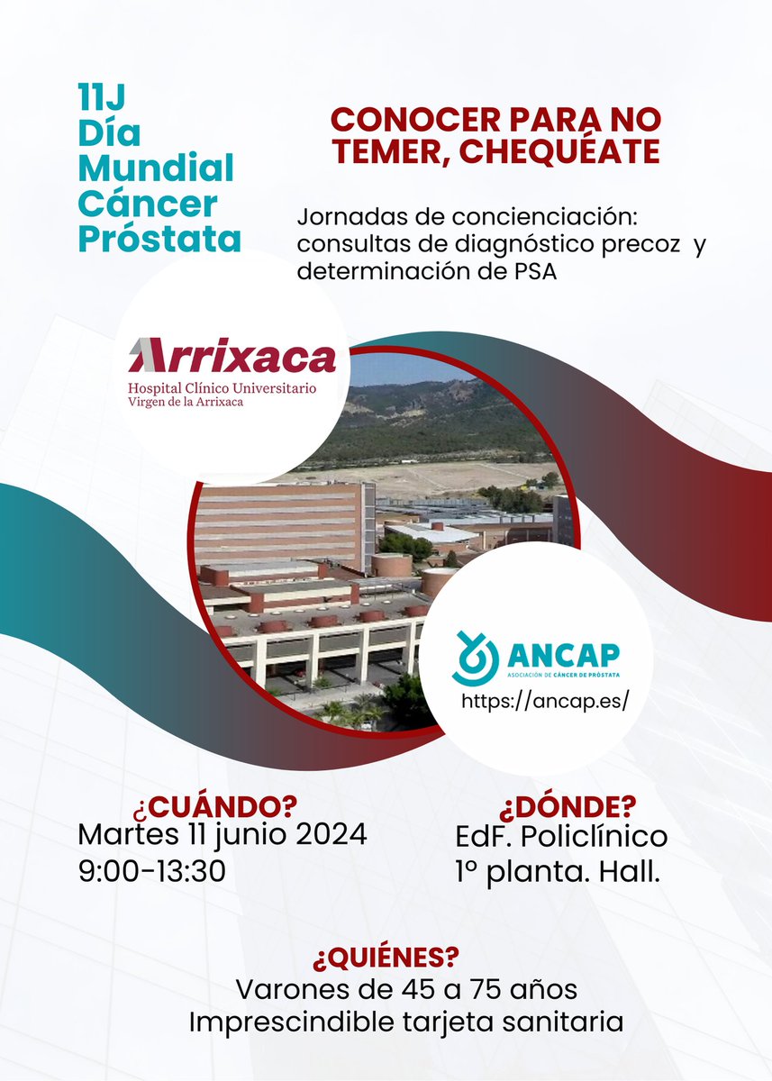 👨🏽‍🦱👨🏽‍🦰👨🏻Durante la mañana de mañana, en el policlínico de la Arrixaca, tienes una oportunidad para saber más sobre el cuidado de la próstata.

🩺Profesionales sanitarios y la asociación de pacientes <a href="/ancap_es/">ancap_es</a>  unidos para la concienciación y detección temprana.
<a href="/Murciasalud/">Murciasalud</a>