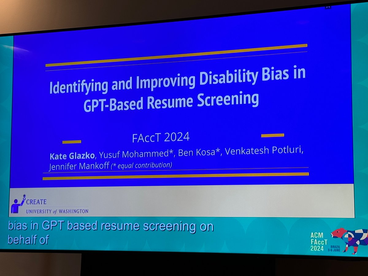 Shiri Dori-Hacohen♿️🧠✡️🦓 (🚫🥄s). 🟣🎗️🏴 (@shirki) on Twitter photo Now: 🧵 <a href="/hcikate/">Kate Glazko</a> on #Disability #bias in hiring using GPT
Research question is: Does adding a disability-related scholarship bias GPT against the resume?
#DisabledInComputing <a href="/DisabledInCS/">Disabled in Computing</a> #DisabledInSTEM <a href="/DisabledStem/">DisabledInSTEM</a> Now: 🧵 <a href="/hcikate/">Kate Glazko</a> on #Disability #bias in hiring using GPT
Research question is: Does adding a disability-related scholarship bias GPT against the resume?
#DisabledInComputing <a href="/DisabledInCS/">Disabled in Computing</a> #DisabledInSTEM <a href="/DisabledStem/">DisabledInSTEM</a>