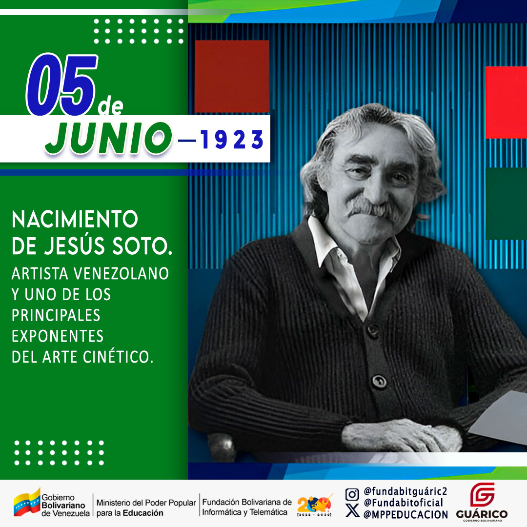 #Efeméride || Jesús Soto, artista venezolano nacido en 1923, es conocido por sus obras cinéticas y op art. Su estilo revolucionario lo convirtió en un referente del arte contemporáneo. 🎨🇻🇪
<a href="/NicolasMaduro/">Nicolás Maduro</a> <a href="/_LaAvanzadora/">Yelitze Santaella</a>
<a href="/Fundabit_/">FundabitOficial</a>

#PuebloMaduroEnPaz