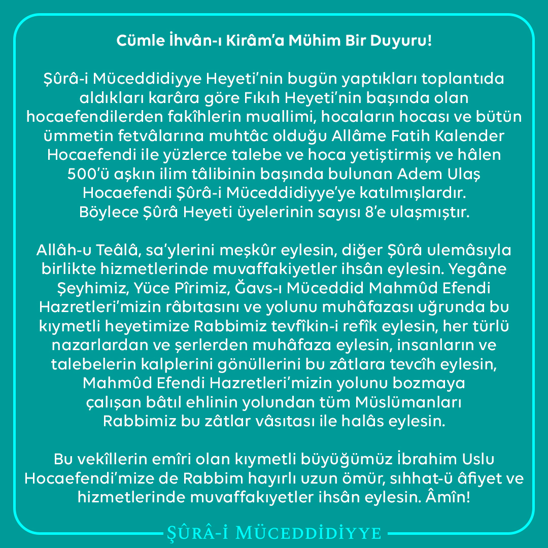 muceddidiyye's tweet photo. Cümle İhvân-ı Kirâm’a Mühim Bir Duyuru! https://t.co/GCCYMi52bh