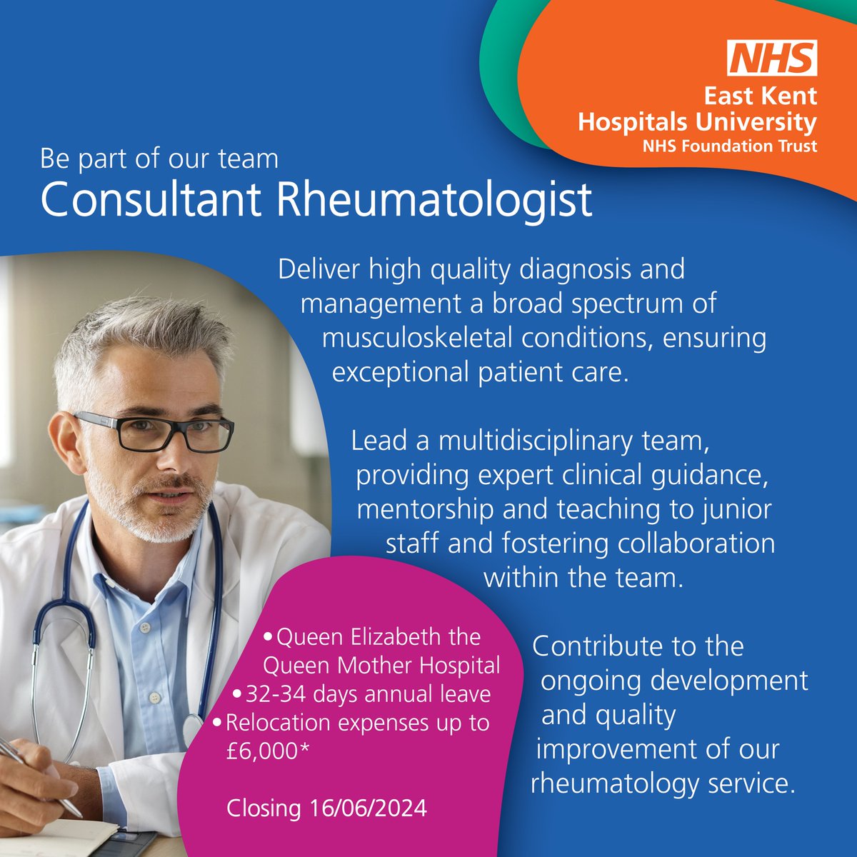 🩺 We're hiring a Consultant Rheumatologist to join our team! Make a real difference in patients' lives. 

➡️ Apply now: orlo.uk/Cons_RHEUM_V6m…

#Rheumatology #Consultant #EKHUFT #NHSJobs #NHScareers #wearethenhs #healthcarecareers #KentJobs #JobOpportunity #HealthcareHeroes