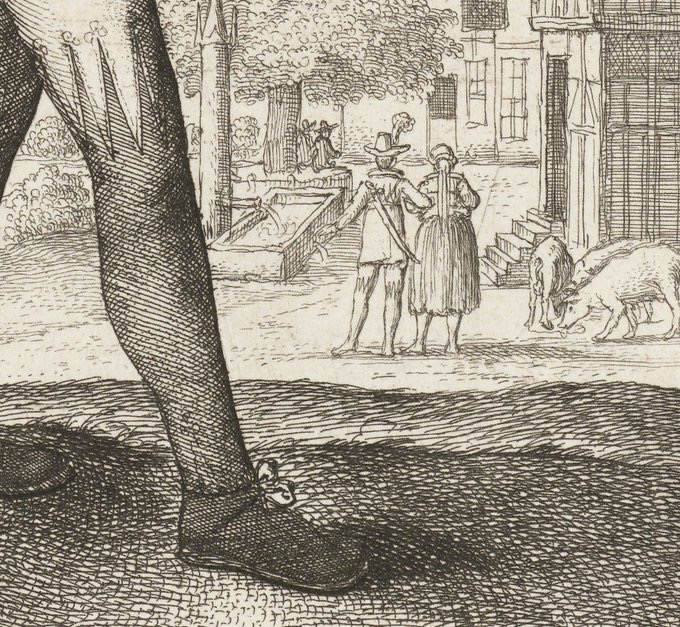 A young man with a wide-brimmed, a large collar around the neck and a saber. He points to his unfaithful lover who is standing in the distance with another man. Wenceslaus Hollar, 1646 (Rijksmuseum) 

Bit of a fashion disaster in that mix?