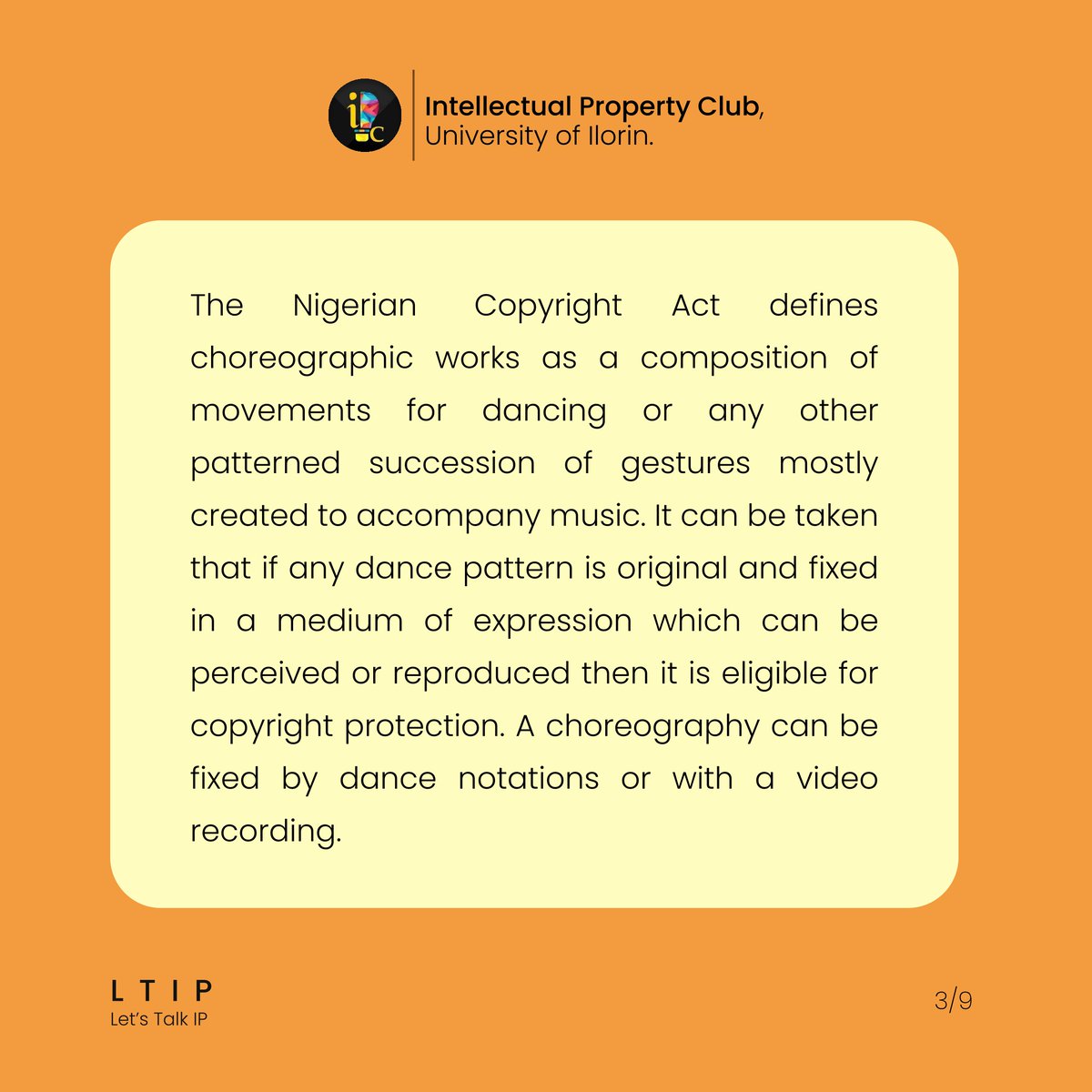 IPCunilorin's tweet photo. What intellectual property rights are involved in choreography and dance?
How do the rights of a choreographer differ from those of a performer?
Why is a choreographic work classified as a literary work under the Nigerian Copyright Act?

Find out the answers in our LTIP.

#LTIP https://t.co/eUYmQPKcXB