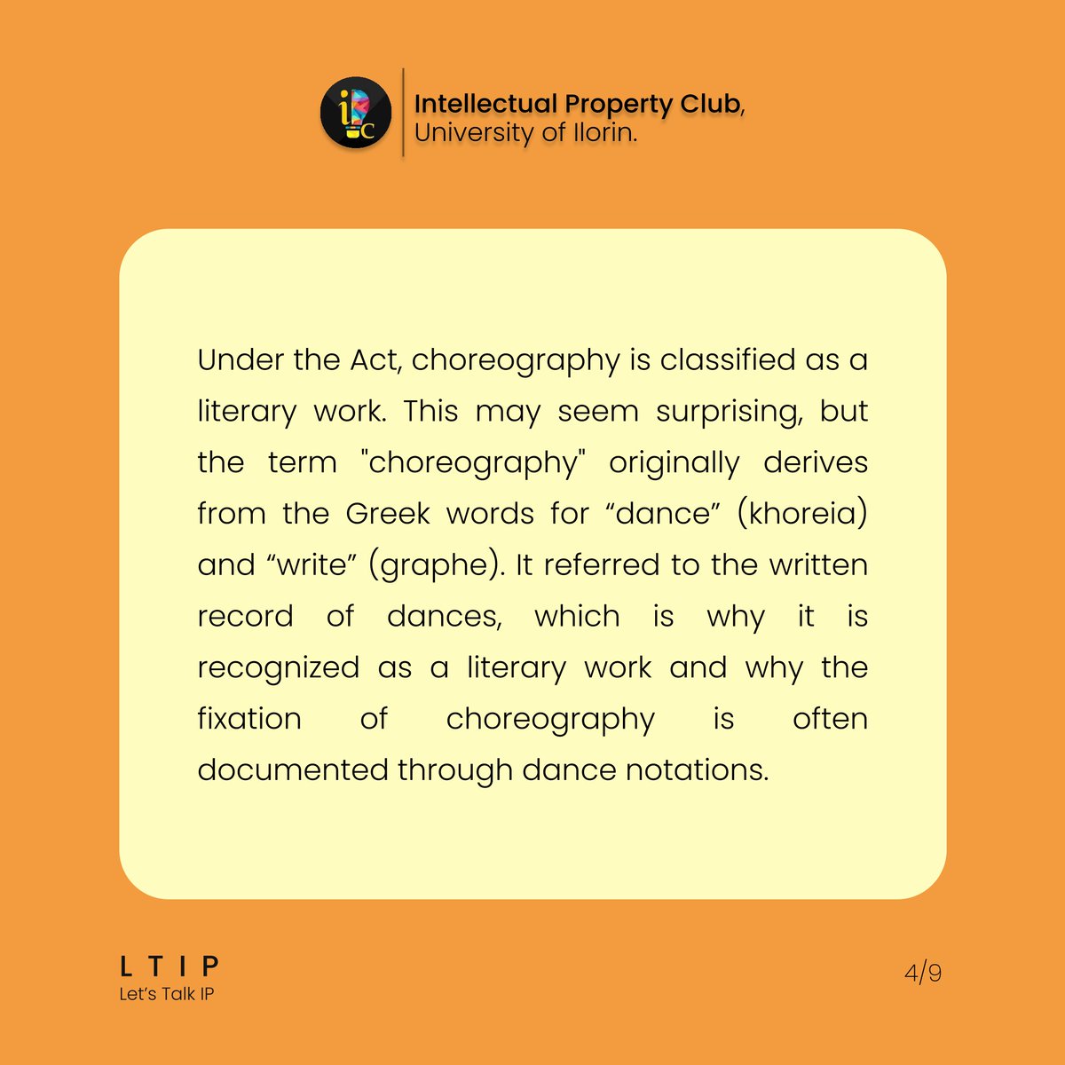 IPCunilorin's tweet photo. What intellectual property rights are involved in choreography and dance?
How do the rights of a choreographer differ from those of a performer?
Why is a choreographic work classified as a literary work under the Nigerian Copyright Act?

Find out the answers in our LTIP.

#LTIP https://t.co/eUYmQPKcXB