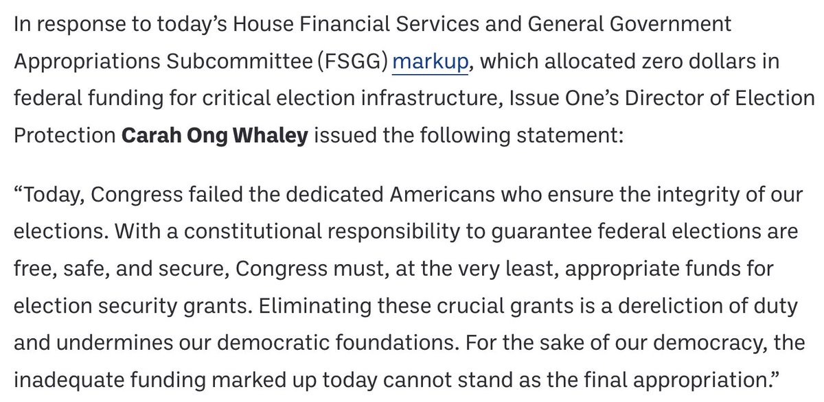 The House failed to allocate a single dollar in federal funding for election infrastructure despite widespread bipartisan support from politicians and election officials across the country. A healthy democracy requires investment. #FundOurElections issueone.org/press/issue-on…