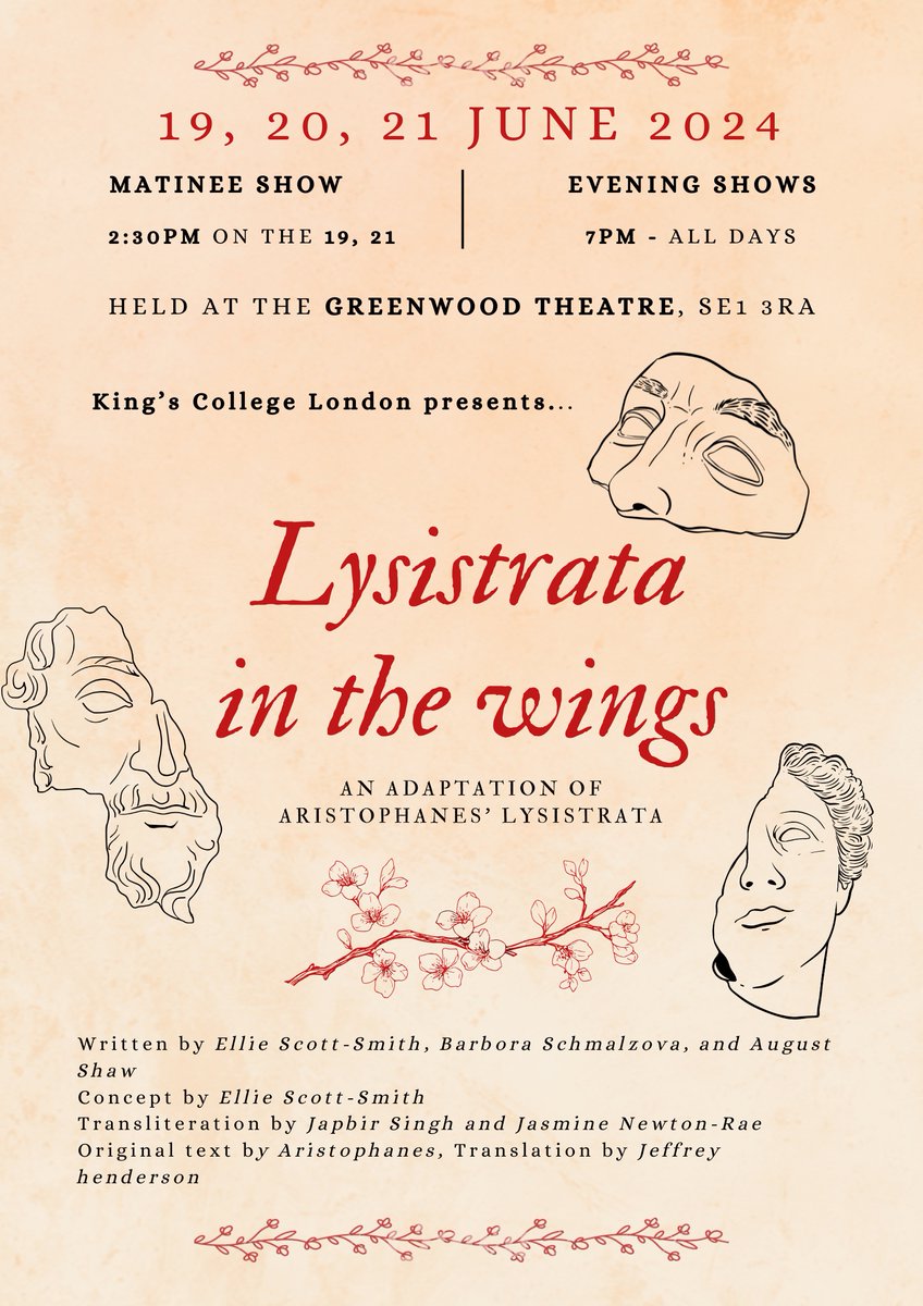 Actors of Dionysus (@aodtheatre) on Twitter photo Just 2 weeks to go 'til <a href="/KingsGreekPlay/">KCL Greek Play</a> - Lysistrata in the Wings 19-21st June <a href="/GWTheatre/">Greenwood Theatre</a>
Get your tickets now! <a href="/KCLalumni/">KCL Alumni</a> <a href="/classicsforall/">Classics for All</a> <a href="/Classical_Assoc/">The Classical Association</a> <a href="/APGRD/">Archive of Performances of Greek and Roman Drama</a> <a href="/Dr_MaiMusie/">Dr Mai Musié (ሙሴ)</a> <a href="/edithmayhall/">@edithmayhall</a> <a href="/KatherineHarloe/">Katherine Harloe</a> <a href="/instclasstudies/">Institute of Classical Studies (ICS)</a>
estore.kcl.ac.uk/conferences-an…
#Comedy #Drama #laughter Just 2 weeks to go 'til <a href="/KingsGreekPlay/">KCL Greek Play</a> - Lysistrata in the Wings 19-21st June <a href="/GWTheatre/">Greenwood Theatre</a>
Get your tickets now! <a href="/KCLalumni/">KCL Alumni</a> <a href="/classicsforall/">Classics for All</a> <a href="/Classical_Assoc/">The Classical Association</a> <a href="/APGRD/">Archive of Performances of Greek and Roman Drama</a> <a href="/Dr_MaiMusie/">Dr Mai Musié (ሙሴ)</a> <a href="/edithmayhall/">@edithmayhall</a> <a href="/KatherineHarloe/">Katherine Harloe</a> <a href="/instclasstudies/">Institute of Classical Studies (ICS)</a>
estore.kcl.ac.uk/conferences-an…
#Comedy #Drama #laughter
