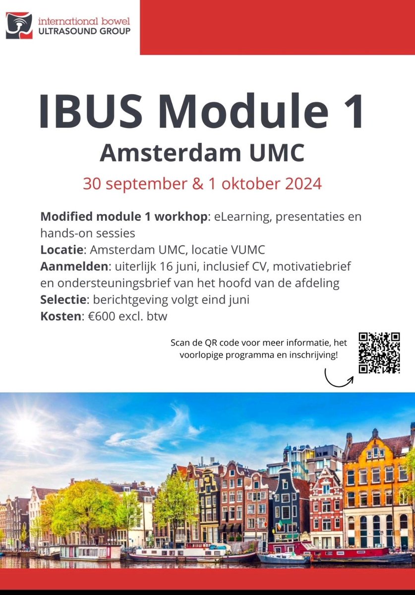 DeVoogdFloris's tweet photo. Join us in Amsterdam september 30th and October 1st for the @BowelUltrasound Module 1! Go to https://t.co/XkZEFWu0Vy for more information or scan the QR code here ⬇️. 

@amsterdamumc https://t.co/WYZ6WNuOJ1