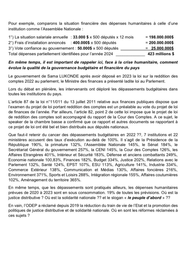 soniarolley's tweet photo. #RDC #Gouvernance : selon les calculs @odeprdc, l’Etat a accordé 150 CDF par an à chaque déplacé. Taux d’exécution du ministère des affaires sociales : 19%, l’un des taux les plus faibles quand toutes les autres institutions explosent leur budget. Charité bien ordonnée… https://t.co/23PTeVHPnt