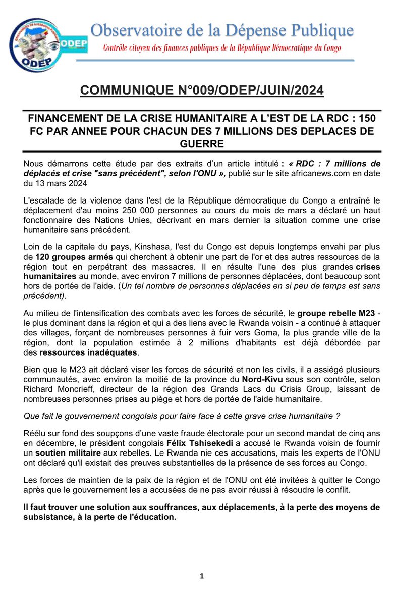 soniarolley's tweet photo. #RDC #Gouvernance : selon les calculs @odeprdc, l’Etat a accordé 150 CDF par an à chaque déplacé. Taux d’exécution du ministère des affaires sociales : 19%, l’un des taux les plus faibles quand toutes les autres institutions explosent leur budget. Charité bien ordonnée… https://t.co/23PTeVHPnt