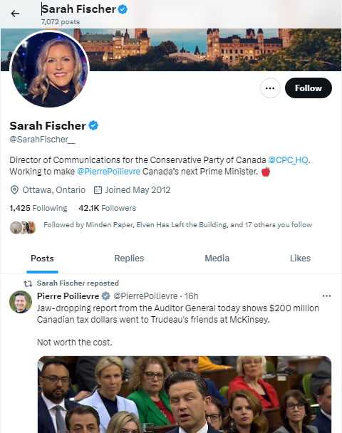 TrueEager's tweet photo. 1. Hey, Sarah Fissure! [@SarahFischer__ ]

Why are there a total of ZERO TWEETS from your usually prolific account for the entire day of June 4th, 2024?

That she didn't fire off 12 tweets yesterday attacking the PM personally for what was in the NSICOP report is #NewBehaviour. https://t.co/ODOIGUfjPn
