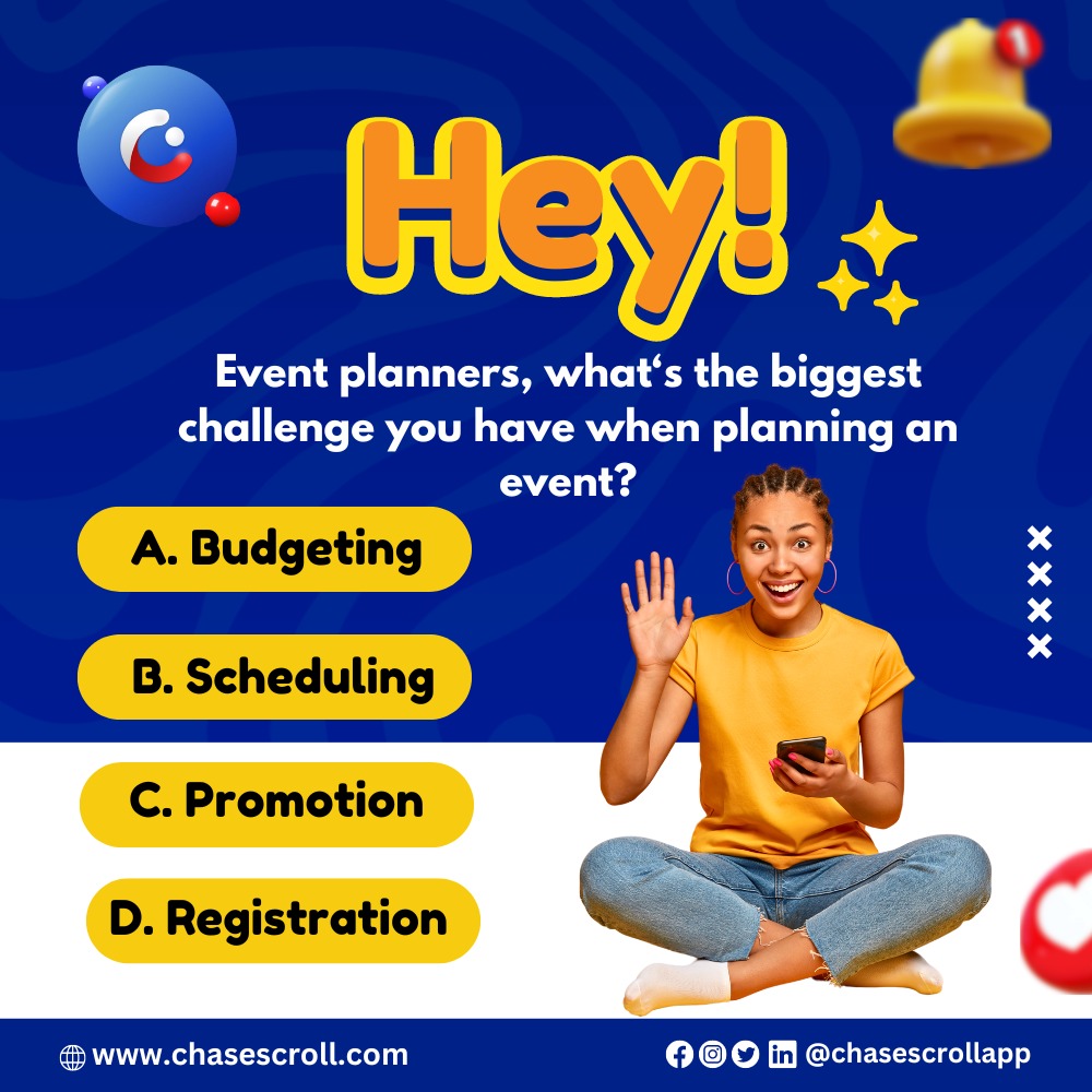 chasescroll's tweet photo. HEY! Event planners, we want to hear from you! What's the biggest challenge you face when planning an event? 🤔👇
A) Budgeting 💰
B) Scheduling 📅
C) Promotion 📢
D) Registration 📝
share your thoughts in the comments! 
🗣️ #EventPlanning #EventManagement #Poll https://t.co/aj5VLMB4R1