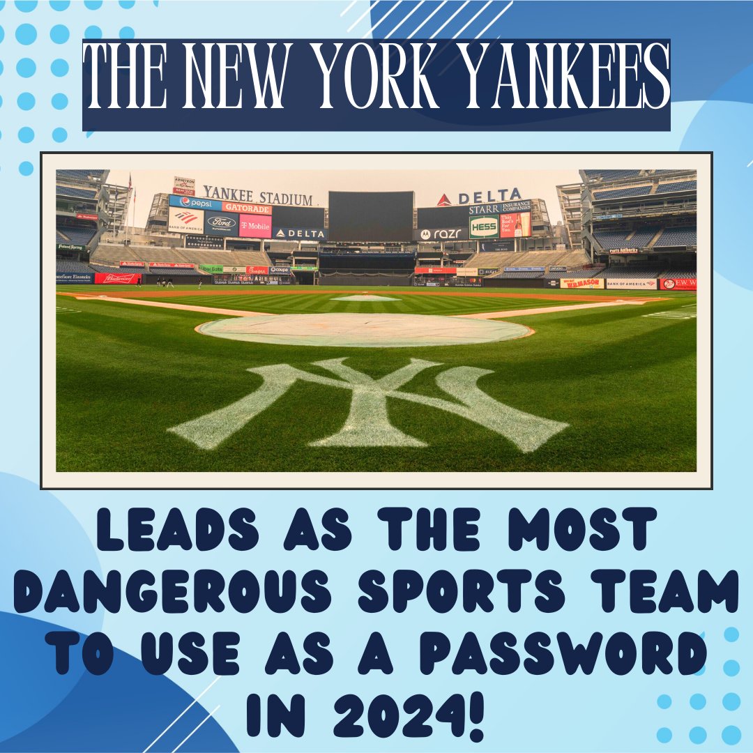 UTM_ITS's tweet photo. Web Security Wednesday⚾⚾ Did you know that The New York Yankees leads as the most dangerous sports team to use as a password in 2024? Be sure to use long, unique, and complex passwords! #utmits 💙💙 https://t.co/f6ESlxc8xO