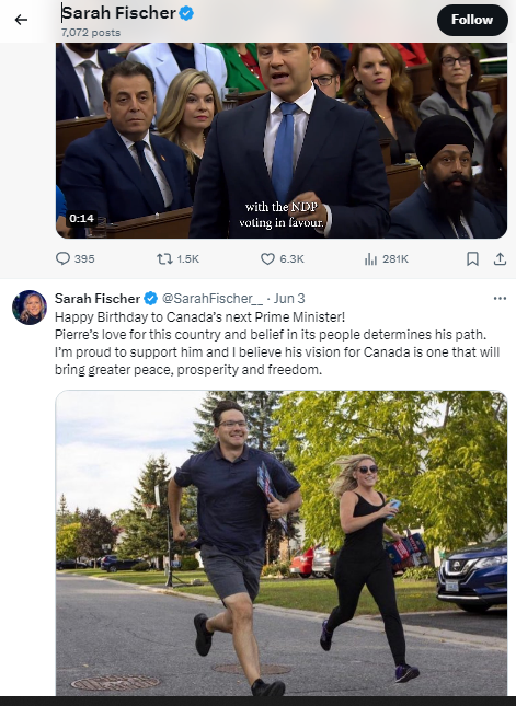 TrueEager's tweet photo. 1. Hey, Sarah Fissure! [@SarahFischer__ ]

Why are there a total of ZERO TWEETS from your usually prolific account for the entire day of June 4th, 2024?

That she didn't fire off 12 tweets yesterday attacking the PM personally for what was in the NSICOP report is #NewBehaviour. https://t.co/ODOIGUfjPn