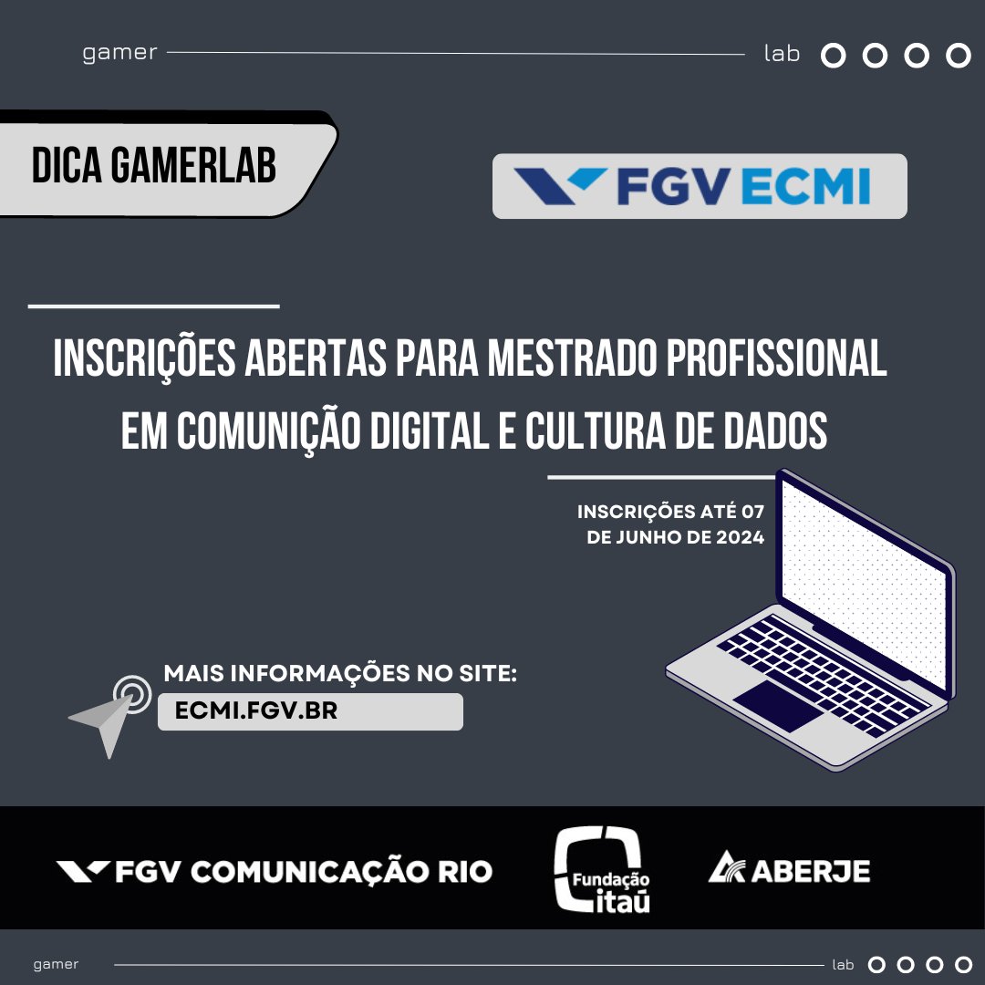 gamerlabufma's tweet photo. 🎓 Atenção graduad@s! Inscrições abertas para o Mestrado Profissional em Comunicação Digital e Cultura de Dados da FGV-ECMI. Essa é uma oportunidade especialmente para os pesquisadores com projetos de games, inovação e criatividade. https://t.co/pS5rF0XPu8