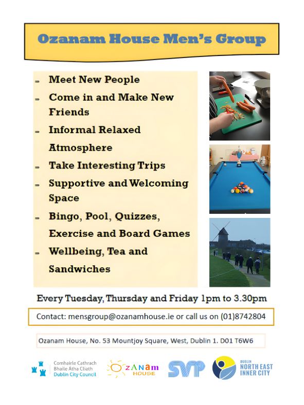 The <a href="/SVPOzanamHouse/">Ozanam House Dublin</a> Dublin Men's Group takes place every Tuesday, Thursday &amp; Friday from 1-3:30pm🤩 An exciting chance to meet new people, make new friends, take part in interesting trips &amp; much more! #NEIC #mensgroup