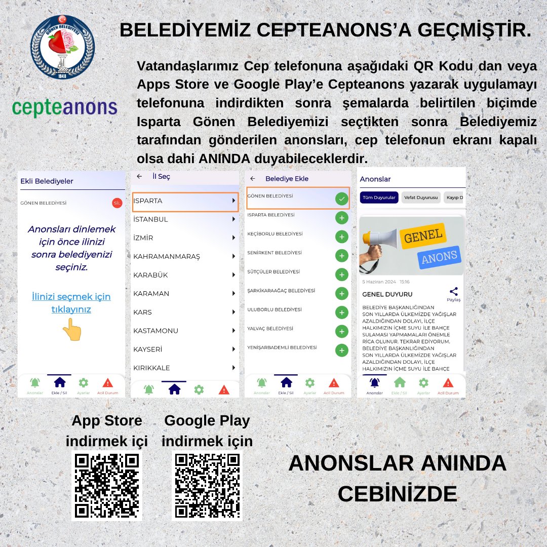 BELEDİYEMİZ CEPTEANONS’A GEÇMİŞTİR.
Google Play👇
play.google.com/store/apps/det…
Apps Store👇
apps.apple.com/tr/app/cepte-a…