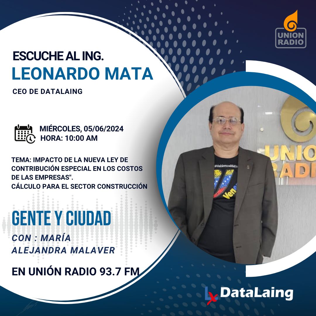 Sintoniza  93.7 FM en Puerto La Cruz  GENTE Y CIUDAD con el  Ing. MSC. Leonardo Mata, CEO de <a href="/datalaing/">#HablemosBIM - BIM Ve Community</a> 
Tema: “Impacto de la nueva Ley de Contribución Especial en los Costos de las Empresas" . Cálculos para el Sector Construcción. 👉youtube.com/watch?v=0S0Z_i…