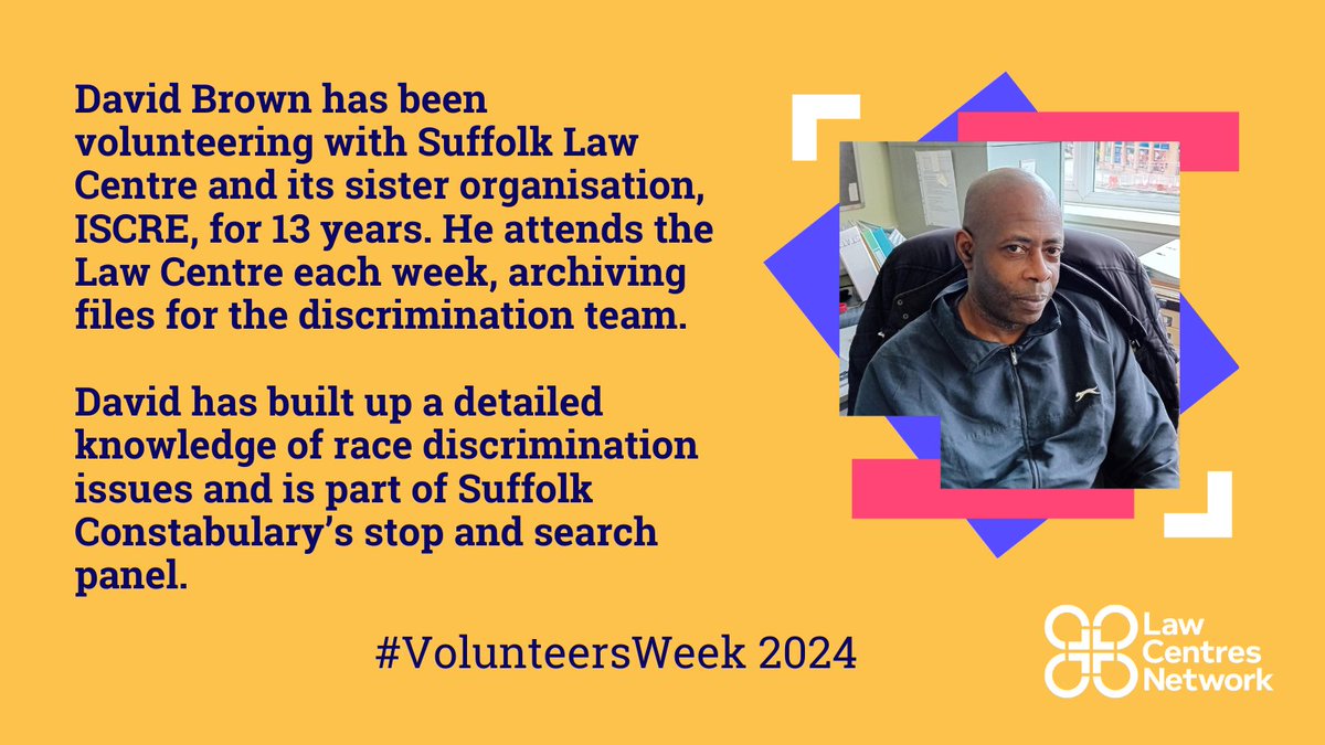 David's incredible commitment and expertise has been a huge asset to <a href="/SuffolkLawCen/">SuffolkLawCentre</a> over the years.

Keen to get involved? Contact a Law Centre. #VolunteersWeek
👉 lawcentres.org.uk/list-of-law-ce…