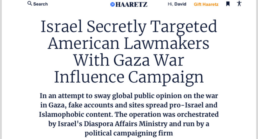 EnglerYves's tweet photo. Haaretz is reporting on Israeli govt disinfo campaign targeting US &amp; Canada. They are promoting Islamophobia to deflect criticism of their mass slaughter &amp; starvation campaign in Gaza.
Maybe the foreign interference commission could investigate Israel importing hate into Canada https://t.co/g77wViPkBP