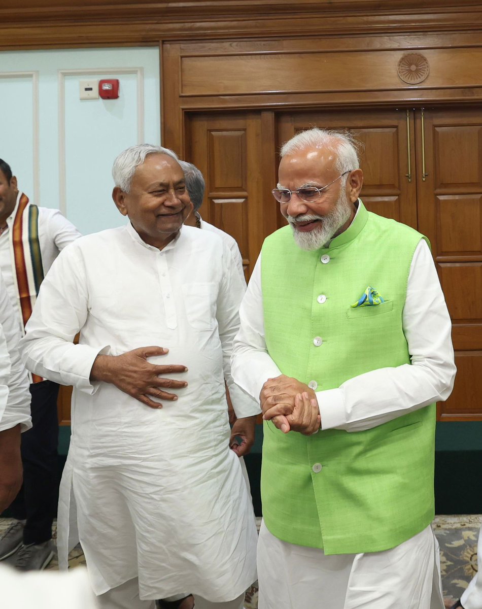 SanjayJhaBihar's tweet photo. A momentous day as Hon'ble CM Shri @NitishKumar Ji congratulated Hon'ble PM Shri @narendramodi Ji for leading the NDA to a spectacular victory for the third consecutive term.

I am honored to have participated in this meeting of all NDA constituents today alongside all NDA leaders. 

With the new #NDA government, the country shall usher in a new era of prosperity, and it is a privilege for us to contribute to elevating India's glory and serving her people.

@PMOIndia