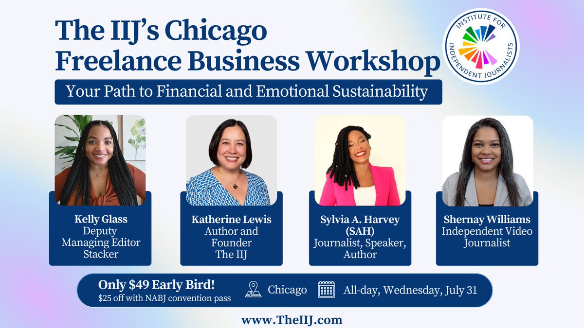The Institute for Independent Journalists (@the_iij) on Twitter photo Chicago #freelancers & #NABJ24 folx!
Last day 4 early bird <a href="/The_IIJ/">The Institute for Independent Journalists</a> #freelance #journalism full-day workshop. Learn w <a href="/KatherineLewis/">Katherine X Lewis 雪 怡 (she/her)</a> <a href="/Ms_SAH/">SAH (Sylvia A. Harvey)</a> <a href="/ShernayW/">Shernay Williams</a> <a href="/Meena_Thiru/">Meena Thiruvengadam</a> <a href="/kitastew/">Nikita Stewart</a> <a href="/nytimes/">The New York Times</a> <a href="/norman_parish/">Norman Parish</a> <a href="/Suntimes/">Chicago Sun-Times</a> Katie Brandt <a href="/ChiHealthMag/">Chicago Health Magazine</a> <a href="/Stacker/">Stacker</a> bit.ly/IIJchi Chicago #freelancers & #NABJ24 folx!
Last day 4 early bird <a href="/The_IIJ/">The Institute for Independent Journalists</a> #freelance #journalism full-day workshop. Learn w <a href="/KatherineLewis/">Katherine X Lewis 雪 怡 (she/her)</a> <a href="/Ms_SAH/">SAH (Sylvia A. Harvey)</a> <a href="/ShernayW/">Shernay Williams</a> <a href="/Meena_Thiru/">Meena Thiruvengadam</a> <a href="/kitastew/">Nikita Stewart</a> <a href="/nytimes/">The New York Times</a> <a href="/norman_parish/">Norman Parish</a> <a href="/Suntimes/">Chicago Sun-Times</a> Katie Brandt <a href="/ChiHealthMag/">Chicago Health Magazine</a> <a href="/Stacker/">Stacker</a> bit.ly/IIJchi
