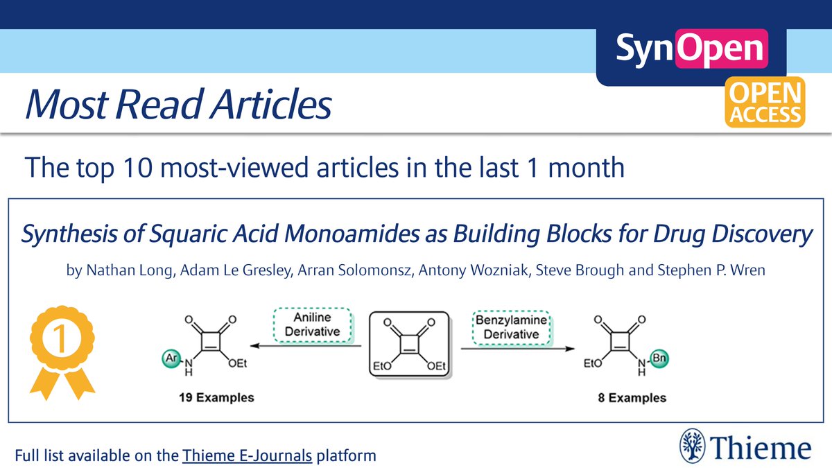 synopen_journal's tweet photo. Check out the 10 most-viewed #SynOpen articles in the last month!📰🏆
🥇"#Synthesis of Squaric Acid #Monoamides as Building Blocks for #DrugDiscovery" by N. Long et al. (@WrenGroupChem @kingstonuni)
Read it here: https://t.co/t5xsZ1Rone
Full list: https://t.co/DdqOlBDUSh https://t.co/ejLIO00yoe