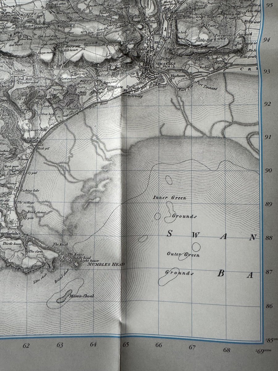 Barb_Drummond's tweet photo. Have been reading about lands lost to #Sea along our coasts. Mentions of #GreenGrounds so here’s a map! From early 19thcentury #SwanseaBay https://t.co/j8OLwZyajB