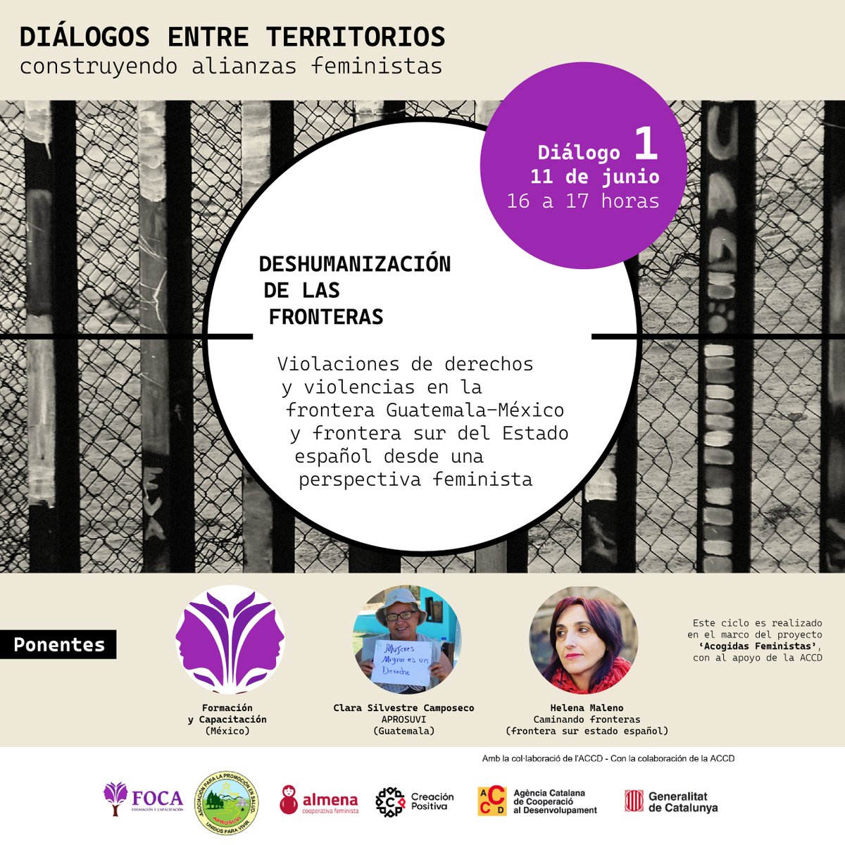 almenafeminista's tweet photo. Deshumanización de las fronteras 🟣: Primer diálogo online sobre las violaciones de derechos en fronteras del Sur - Norte Global.

Ponentes 🔊:
@focaorgmx
#aprosuvi
@helenamaleno

11 de junio, 16 a 17h 📆
Inscripciones ⬇️: https://t.co/mAafxBrbLv

#AcogidasFeministas https://t.co/i95PXLYHdU