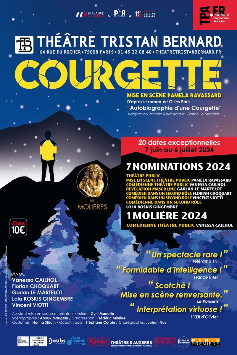 Ki M'aime Me Suive 🐧 (@kmms_prod) on Twitter photo COURGETTE : Molière de la comédienne de théâtre public pour <a href="/VCailhol/">vanessa cailhol</a>
Reprise au <a href="/TheatreTristanB/">Théâtre Tristan Bernard</a> pour 20 dates exceptionnelles à partir du 7 juin !
➡️ kimaimemesuive.fr/courgette COURGETTE : Molière de la comédienne de théâtre public pour <a href="/VCailhol/">vanessa cailhol</a>
Reprise au <a href="/TheatreTristanB/">Théâtre Tristan Bernard</a> pour 20 dates exceptionnelles à partir du 7 juin !
➡️ kimaimemesuive.fr/courgette