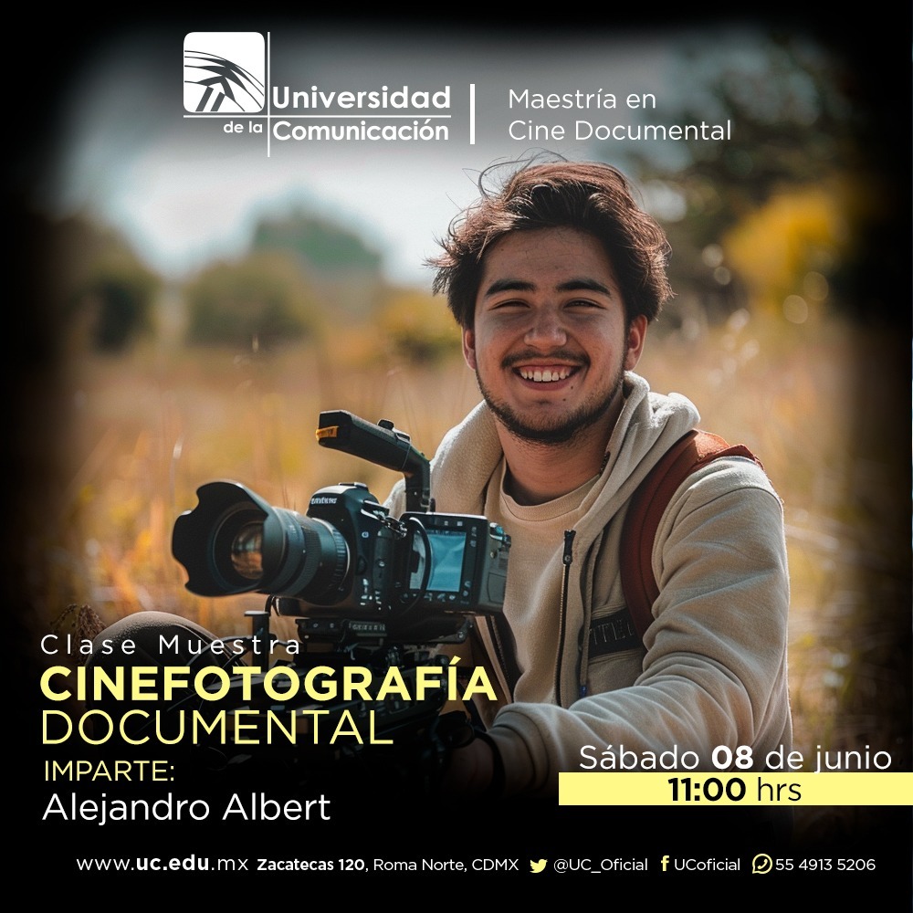 CineDocumental2's tweet photo. Este sábado 8, a las 11 AM abrimos nuestras clases a aquell@s interesad@s en estudiar la Maestría.

Clase Muestra: Cinefotografía, impartida por Alejandro Albert. 

La cita es en las instalaciones de la @UC_oficial, Zacatecas 120, Col. Roma Norte.

Clase gratuita. Te esperamos! https://t.co/Yqa8uZP1kx