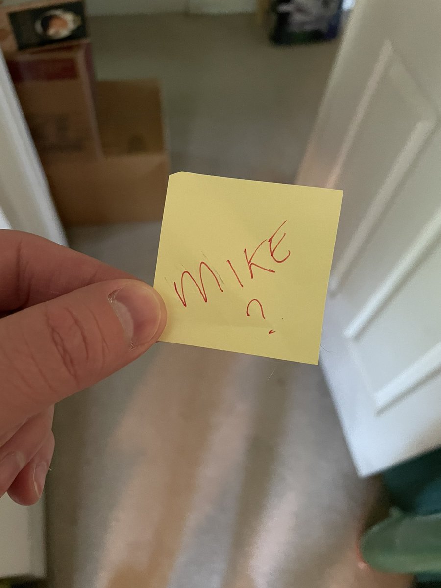 mhrowe's tweet photo. Once again, I’m cleaning and packing up  at my father’s house. I carried a large box downstairs, and something scratchy was rasping against my foot, inside my shoe. I deposited the box and reached down, only to pull from my shoe a small note that reads “Mike?” https://t.co/wD1MxxBURl