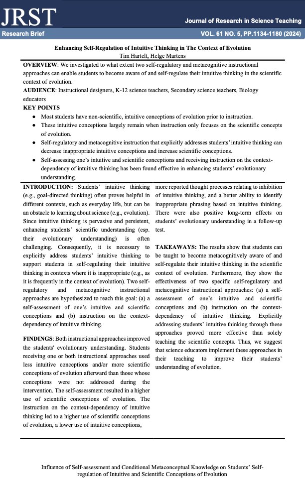 Journal of Research in Science Teaching (@jrstpub) on Twitter photo ICYMI: Influence of self-assessment and conditional metaconceptual knowledge on students' self-regulation of intuitive and scientific conceptions of evolution
Check following RB and VA to see how authors
<a href="/HarteltTim/">Tim Hartelt</a>; <a href="/uni_kassel/">Universität Kassel</a>; <a href="/dfg_public/">DFG public | @dfg_public@wisskomm.social</a>
unfold their research ICYMI: Influence of self-assessment and conditional metaconceptual knowledge on students' self-regulation of intuitive and scientific conceptions of evolution
Check following RB and VA to see how authors
<a href="/HarteltTim/">Tim Hartelt</a>; <a href="/uni_kassel/">Universität Kassel</a>; <a href="/dfg_public/">DFG public | @dfg_public@wisskomm.social</a>
unfold their research