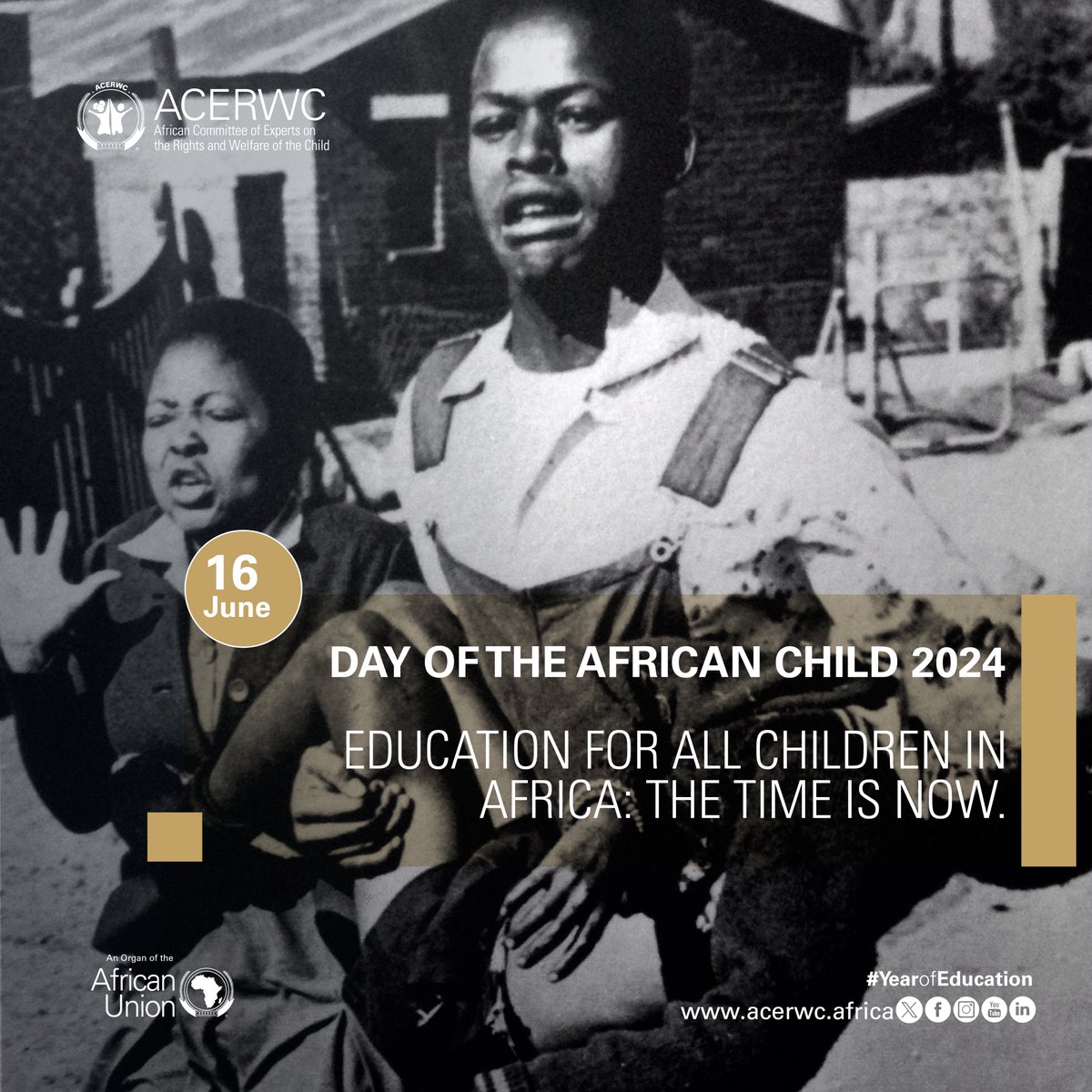 acerwc's tweet photo. On 16 June 1976, a student uprising in Soweto, protesting against the quality of #Education, resulted in the death of many. 

#DAC2024 theme calls for serious introspection and commitment towards addressing the numerous challenges faced by children in #Africa.

#YearOfEducation https://t.co/gXwc97grdv