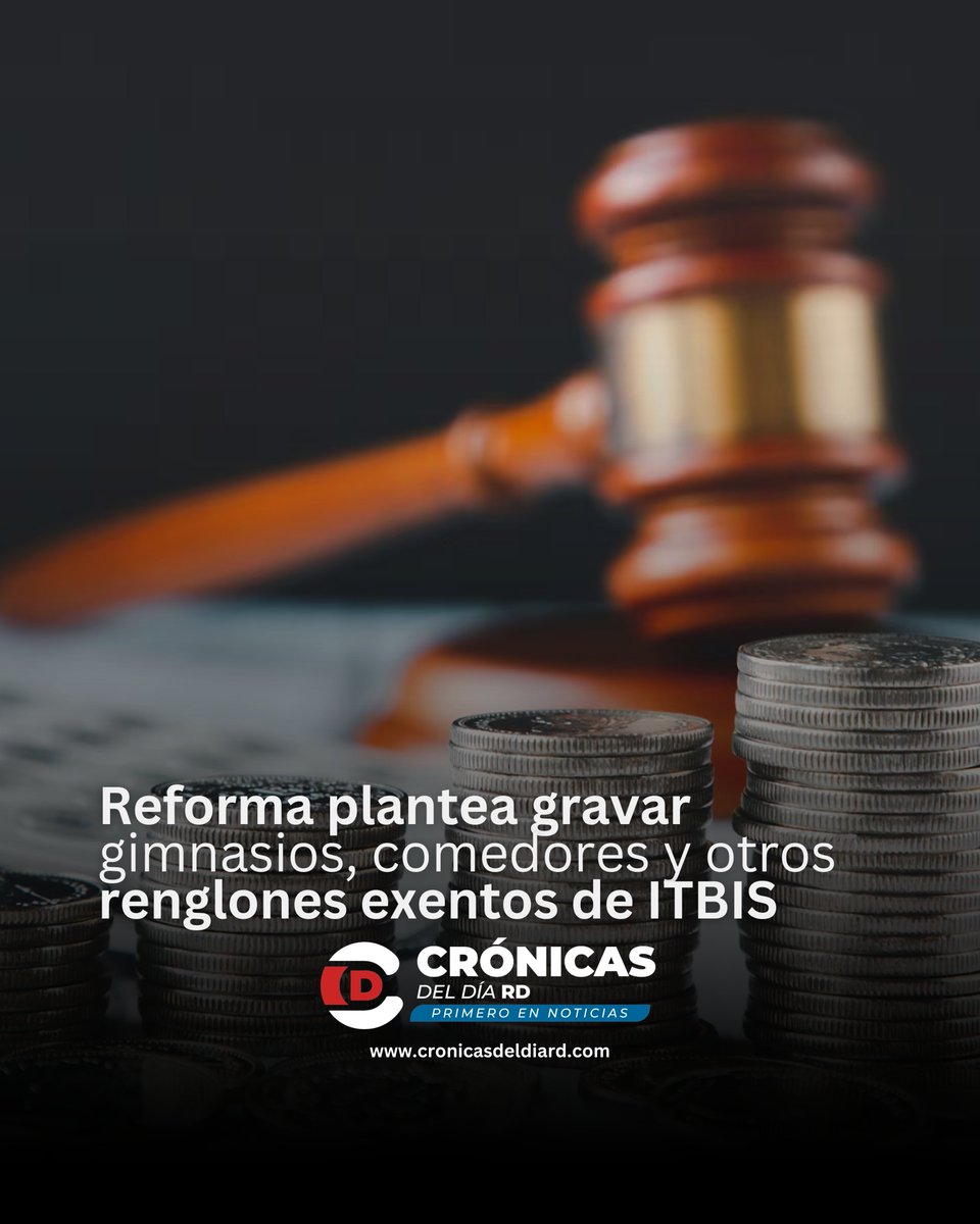 Cronicasdeldia's tweet photo. El anteproyecto de Ley de Reestructuración y Actualización Tributaria plantea el cobro de Impuesto a la Transferencia de Bienes Industrializados y Servicios (ITBIS) en renglones que antes estaban exentos, como gimnasios y comedores.

La pieza también propone la eliminación, reducción e importantes modificaciones del ITBIS en otros sectores de la economía.

Se incluyen con el cobro de servicios, antes no incluidos en el ITBIS, tales como: gimnasios; eventos artísticos, culturales o deportivos.

También se eliminan de este impuesto algunos bienes y servicios para que sean gravados con el Impuesto Selectivo, tales como: cerveza, bebidas alcohólicas, productos del tabaco, maltas, bebidas gaseosas, agua gasificada.

Además, las telecomunicaciones, televisión por cable, bares, restaurantes, comedores, catering y similares.

Amplíe en nuestro portal web https://t.co/CwnwNtsurV