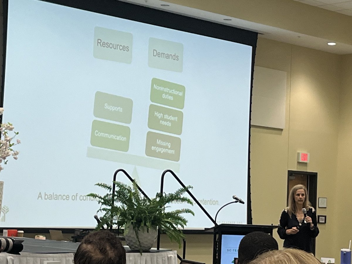 SandyBrossard's tweet photo. Outstanding presentation by Dr. Angie Starrett and Dr. Brian Cartiff, who shared findings of SC Teacher Working Conditions Survey. Balancing teacher job demands and resources is critical! ⁦@SCTEACHERtweets⁩ ⁦#SCDistrictShowcase https://t.co/XfBaK2XpPO