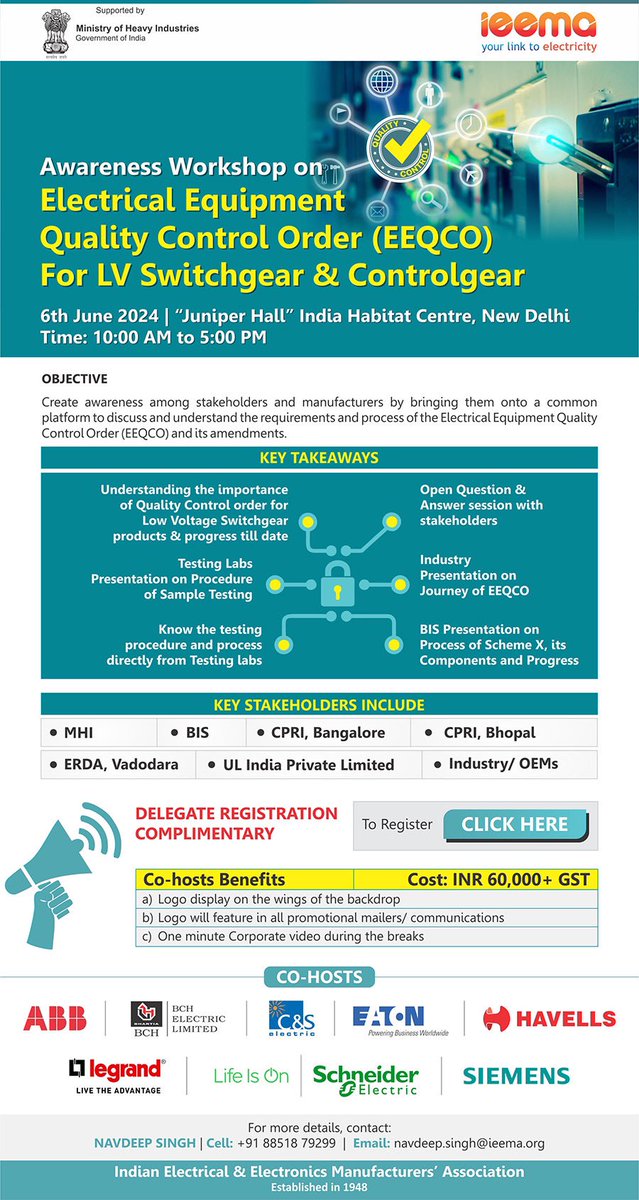 IndianStandards's tweet image. BIS in association with @tweetieema is organising an "Awareness Workshop on EEQCO for Low Voltage Switchgear &amp;amp; Controlgear" on 06 June 2024 to disseminate information on EEQCO
(#ElectricalEquipment #QualityControl Order) for creating awareness to all the relevant stakeholders.