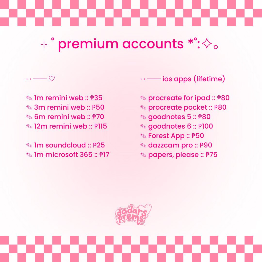 _prettae's tweet image. ꒰ wts lfb ph ꒱ 

⊹ ˚ premium accounts *˚:✧。

🕰 OPEN HOURS: 10:00AM – 11:00PM
🛒 NO RUSH ORDERS 
💌 always ask for availability
🎀 with 100+ vouches

૮₍˶ᵔ ᵕ ᵔ˶₎ა  dm me to order . . . 🌷

⤿ for other prem acc dm for availablity &amp;amp; longer subs !