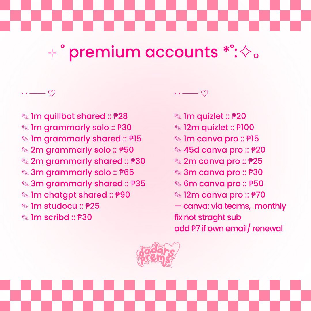 _prettae's tweet image. ꒰ wts lfb ph ꒱ 

⊹ ˚ premium accounts *˚:✧。

🕰 OPEN HOURS: 10:00AM – 11:00PM
🛒 NO RUSH ORDERS 
💌 always ask for availability
🎀 with 100+ vouches

૮₍˶ᵔ ᵕ ᵔ˶₎ა  dm me to order . . . 🌷

⤿ for other prem acc dm for availablity &amp;amp; longer subs !