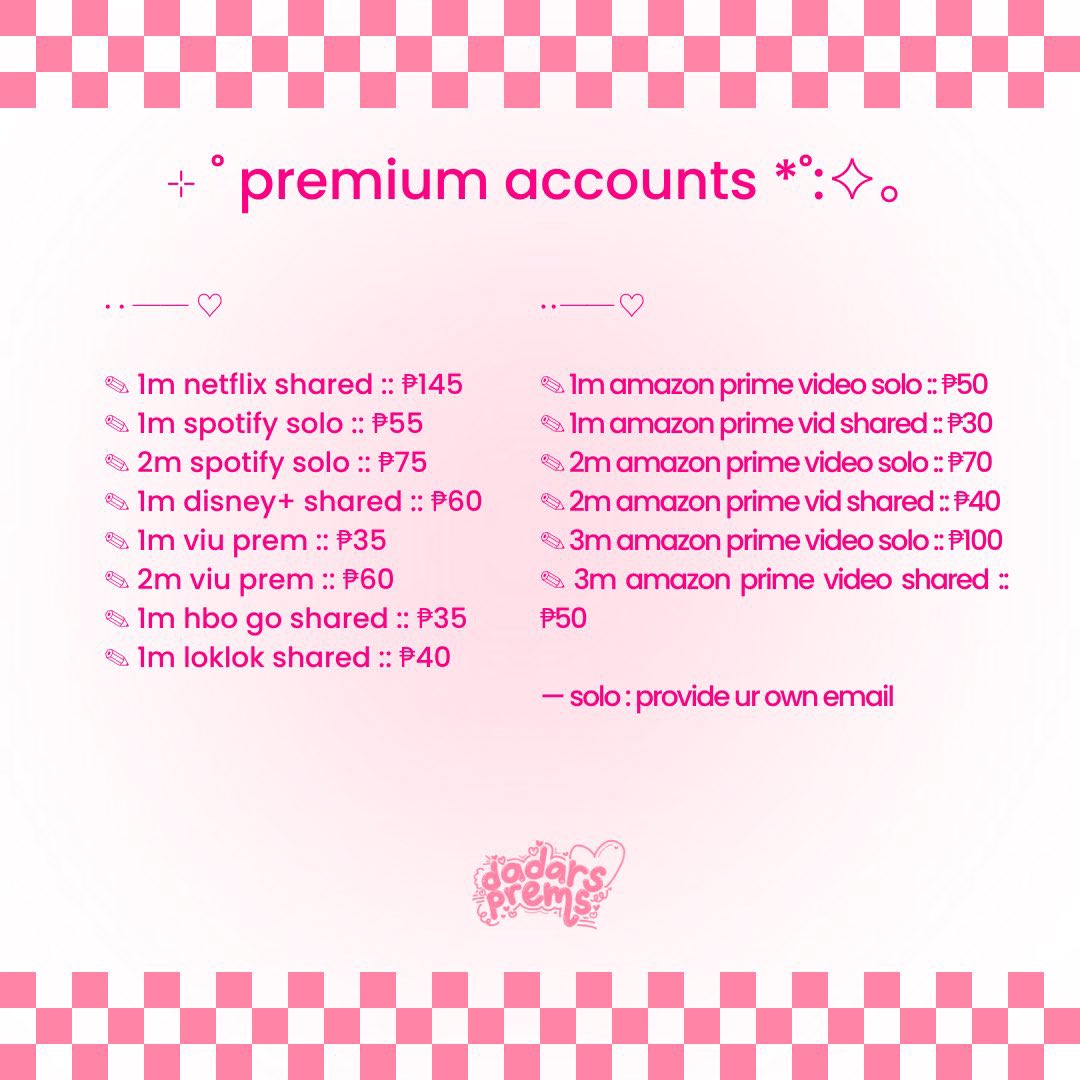 _prettae's tweet image. ꒰ wts lfb ph ꒱ 

⊹ ˚ premium accounts *˚:✧。

🕰 OPEN HOURS: 10:00AM – 11:00PM
🛒 NO RUSH ORDERS 
💌 always ask for availability
🎀 with 100+ vouches

૮₍˶ᵔ ᵕ ᵔ˶₎ა  dm me to order . . . 🌷

⤿ for other prem acc dm for availablity &amp;amp; longer subs !