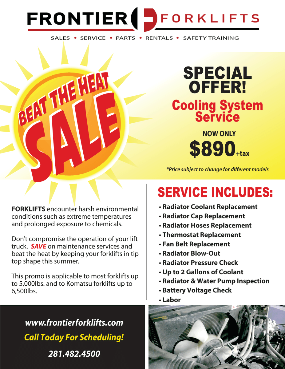 frontierfork's tweet image. Let Frontier keep your forklifts cool! Check out our beat the heat coolant system service special!

Call us today! 281.482.4500