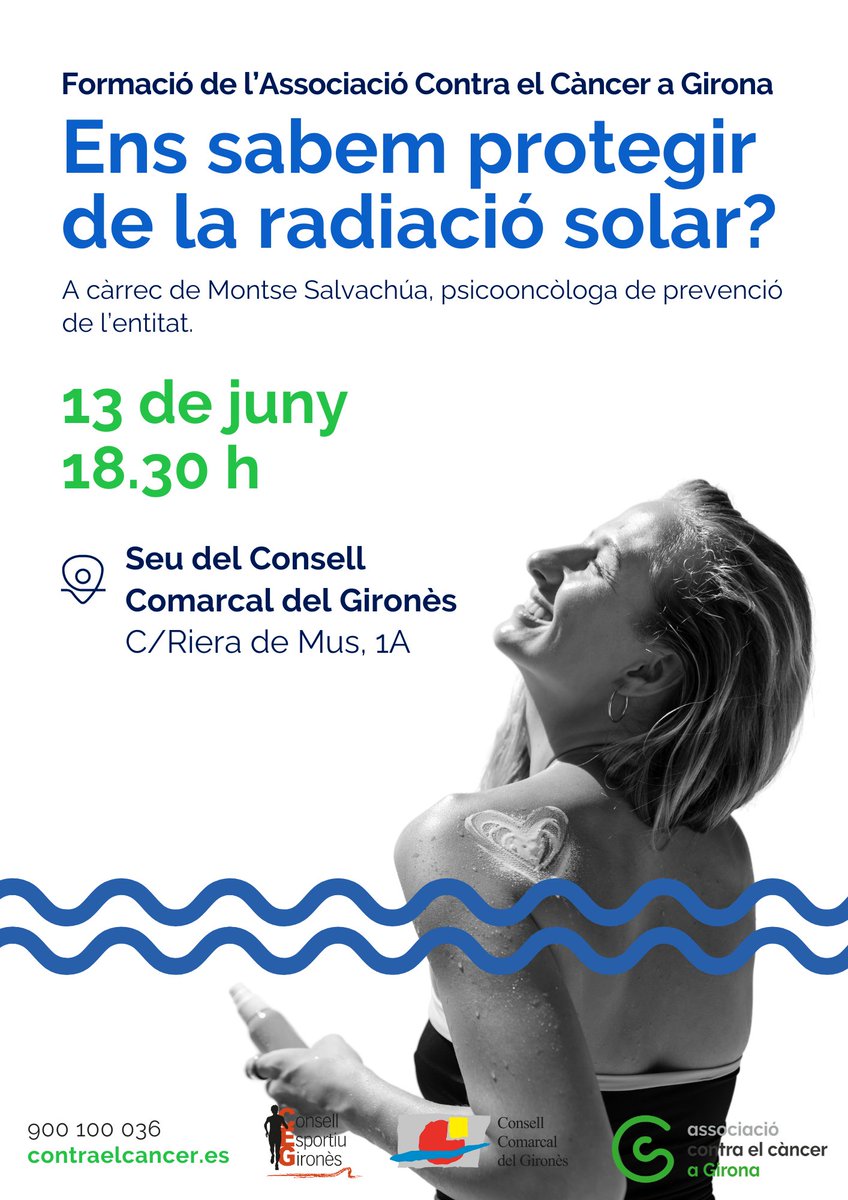 cegirones's tweet photo. ☀️😎🧴Ens sabem protegir de la radiació solar?

Propera #formació a càrrec de @ContraCancerGIR 
🗓 Dijous 13 de juny 
🕢 A les 18.30 h
📍Al @ccgirones
🤗 Gratuïta i oberta a tothom

#estiu #prevenció #protecció #salut #cegironès https://t.co/R7WQ4pQ9hH