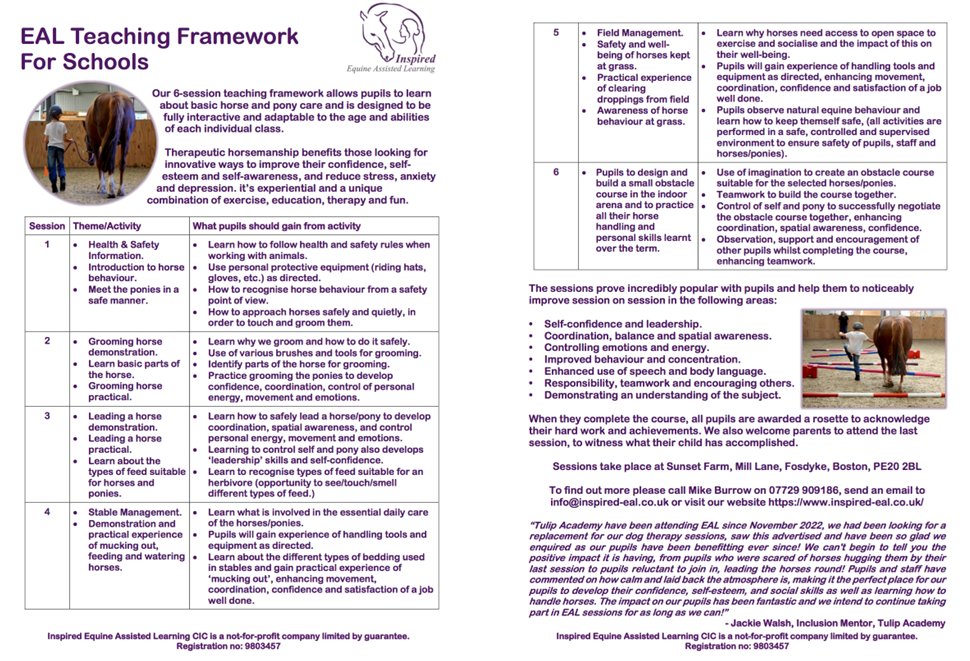InspiredEAL's tweet photo. Ahead of a promotional push for the new school year, we’ve updated our 6-session EAL teaching framework for schools. If you’re a teacher or parent and would like more information, then please get in touch. #equinetherapy #childdevelopment #mentalhealth #confidence #LincsConnect https://t.co/hnI6QaS9vb